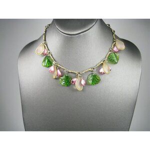 Vintage Gold Tone Fruit Salad Charm Necklace Plastic Charms 15in Boho Heart Leaf